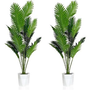 مجموعة من نباتات نخيل areca الاصطناعية في الأواني ، وأشجار النخيل الاستوائية المزيفة 51 بوصة مع أوراق وسيقان خضراء ، ونباتات أرضية Dypsiscens Faux للمكتب ، والمتجر ، والحديقة ، والزينة المنزلية