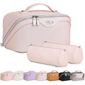 BOYATU Travel Makeup Bags Cosmetic Organizer Bag: 3-Set Large Capacity Make up Bag - PU Leather Toiletry Bags for Women - Wide Open Portable Pouch with Divider & Handle (01-Light Blue)