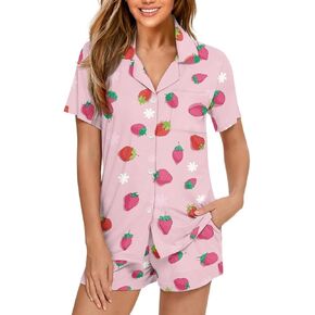 Renewold Women's Sleepwear Women's Pajama Sets Notch Collar Short Sleeve Button Down Nightwear Loungewear Top and Shorts