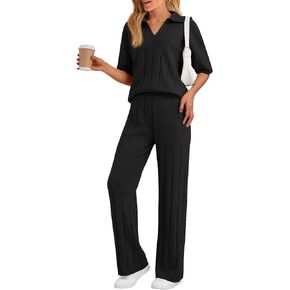 LILLUSORY Womens 2 Piece Ribbed Knit Lounge Sets Casual V Neck Top Pants Vacation Outfits