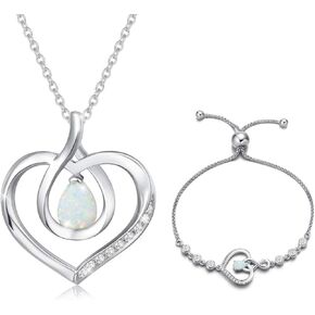 AGVANA October Birthstone Opal Heart Necklace Bracelet for Women Sterling Silver Infinity Love Pendant Fine Jewelry Set Mothers Day Gifts for Mom Anniversary Birthday Gifts for Mother Her