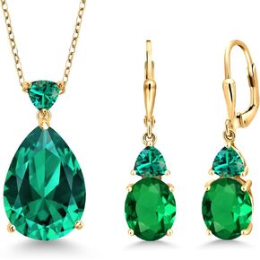 GEM Stone King 18k صفراء الذهب المطلي بالفضة الخضراء النانو الزمردية الأبعاد المجوهرات مجموعة للنساء (14.66 CTTW ، شكل الكمثرى 18x13mm ، الأحجار الكريمة قد يكون الحجر ، مع سلسلة 18 بوصة)