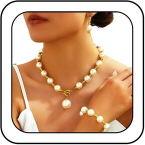 EVILD Big Pearl Chunky Necklace Jewelry Set Gold Wedding OT Clasp Necklaces Earrings Bracelet Sets for Women