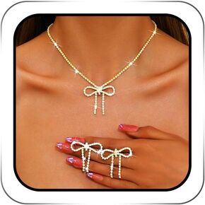 Rhinestone Bow Jewelry Set Silver Sparkly Crystal Bowknot Pendant Necklace Dainty Dangle Prom Earrings Sets for Women