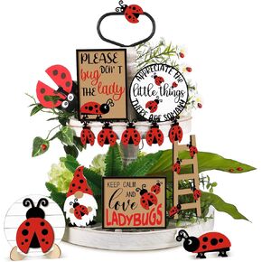 12 Pcs Red Ladybug Tiered Tray Decor Set Spring Summer Wood Sign Rustic Farmhouse Decor Ladybird Tiered Decorative Trays Signs for Home Kitchen Decorations (Ladybug)
