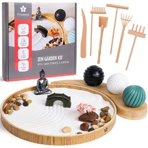 Zen Garden for Desk - Mini Zen Garden Kit لتهدئة الإجهاد والاسترخاء - صندوق رمل ياباني مع صينية ، بوذا ، شجرة ، رمال ، أشجار ، الحصى والكرات - هدية الاسترخاء الحسية للمنزل والمكتب