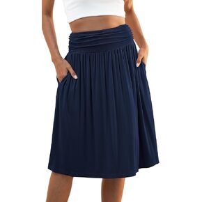 Naggoo Womens Summer Elastic High Waisted Midi Skirts Flowy Aline Knee Length Skirt with Pockets S-XXXL