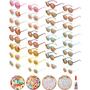 Cindeer 591 Pcs Kids Sunglasses DIY Kit 32 Cute Sunglasses 90 Rose Flower Dinosaur Charms 468 Letter Beads Glue (Round, Flower)