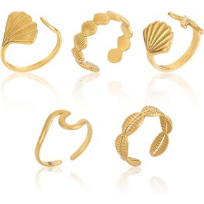 5pcs Gold Seashell Rings for Women, Stylish Golden Adjustable Ocean Beachy Jewelry Shell Wave Starfish Rings Perfect Gifts and Decoration Accessories Stuff for Summer Beach Daily Wear