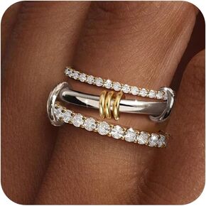 Foxgirl 14k حلقات قابلة للتكديس مطلي بالذهب للنساء ، 3 حلقة متشابكة مع الزركونيا المكعبة ، مجموعة الحلقات الفضية والذهبية ، حلقات متصلة متعددة الروابط غير تشويه