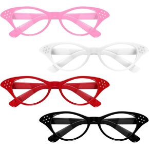 Fumwase 4pcs نظارات عين Cat مع أحجار الراين الخمسينيات 60s نظارات أزياء الأزياء في Halloween Cossplay Hip Hop Up (4 ، Black+White+Red+Pink)