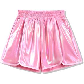 Girls Metallic Shorts Kids Shiny Hot Pants Elastic Waistband Shorts with Pockets