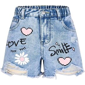 Girl's Letter Heart Print Jean Shorts Y2k Ripped Raw Hem Denim Shorts