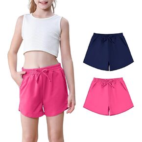 Neutocd Girls Shorts with Pockets Elastic Casual Running Shorts for Dance Bike 2 Pack