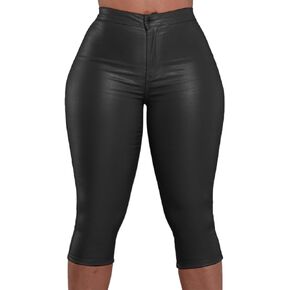 Zebaexf Leather Capri Pants for Women Casual Stretch Black High Waisted Crop Leggings with Pockets Faux PU Leather Pants