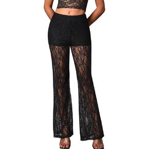 Womens Lace Pants Sheer Mesh Flare Pants Sexy See Through Bell Bottoms Going Out Rave Bottoms