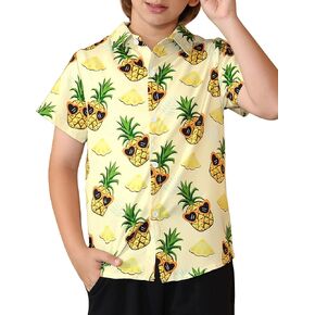 Boys' Hawaiian Shirts Short Sleeve, Tropical Button-Down Shirts for Youth Kids 5-14 Years Summer Vacation Beach Swim
