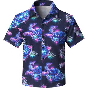 Yoimira Hawaiian Shirts for Boys Neon Quick Dry 3D Tropical Print Button Down Beach Short Sleeve Shirt 7-14 Years