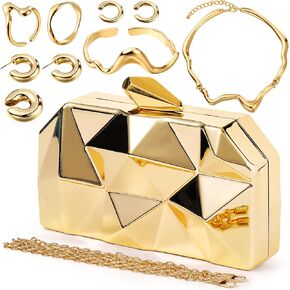 Jadive 8 Pcs Gold Clutch Purse for Women Evening Prom Dresses Prom Metallic Handbag Earrings Necklace Rings for Wedding Banquet Retro Jewelry Set