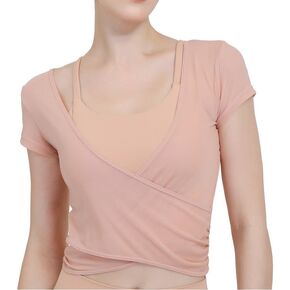 Harssidanzar Yoga Short Sleeve Two-piece set for Women Mesh Gym Athletic Tops Workout Shirts with Sports Bra CL305US