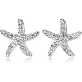 Reffeer Solid 925 Sterling Silver CZ Starfish Stud Earrings for Women Teens Beach Stud Earrings Sea Fish Earrings