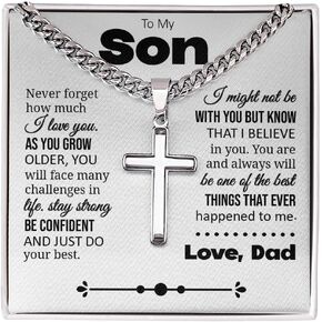 Son Gift, Cuban Chain with Cross Necklace, Sentimental Jewelry from Dad, Thoughtful Keepsake Gift for Son, Inspirational Jewelry Message Card with Gift Box