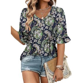 StunShow Womens Blouses Short Sleeve Summer Shirts Tunic Tops for Women Floral Women Tops Dressy Casual