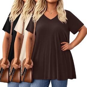 3 Pack Women's Plus Size Tops Short Sleeve Cotton Tunic Shirts V Neck Loose Flowy Swing Casual Summer Tees