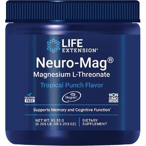 Life Extension Neuro-Mag Magnesium L-Threonate Powder (Tropical Punch) - Ultra-Absorbable - Supports Memory, Focus, Cognitive Function & Mood - Gluten No, Non-GMO, Vegetarian (30 Servings)