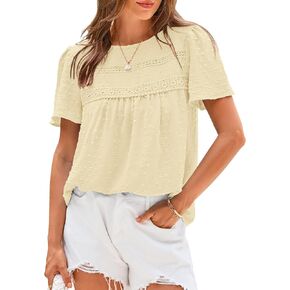 BTFBM Women's 2025 Summer Tops Swiss Dot Lace Crochet Crewneck Short Sleeve Casual Cute Shirts Boho Blouses