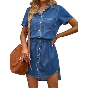 luvamia Women Casual Denim Dress Short Sleeve Tie Waist Classic Jean Shirt Dress