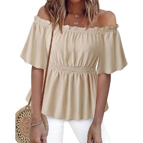 Bebonnie Women's Summer Sexy Off The Shoulder Peplum Tops Ruffle Sleeve Dressy Blouses