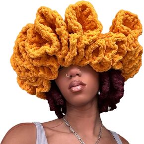 Handmade Crochet Bucket Hat for Woman Teen Outdoor Commute Fisherman Hat Ruffled Brim Winter Windproof Carnival Hat, Approx. 56-58cm/ 22.05-23.23in, Orange