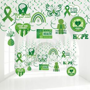 Clabby 52 Pcs Mental Health Awareness Month Decor Double-Sided Mental Health Month Hanging Swirls Motivational Green Awareness Ceiling Decor for Office Charitable Activities Celebration Supplies
