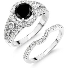 Gem Stone King 925 Sterling Silver Round Black Diamond and White Moissanite Wedding Engagement Ring Band Bridal Set For Women (1.84 Cttw, Available In Size 5, 6, 7, 8, 9)