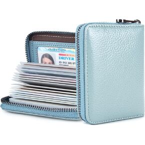 Genuine Leather Credit Card Holder Wallet RFID Blocking Secure Card Case ID Case Organizer Zipper Wallet (A-Light blue)