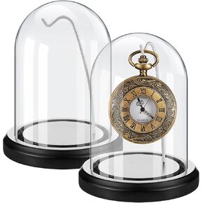 2 Pcs Pocket Watch Glass Display with Hooks Dome Cloche with Wood Base Decorative Glass Display Dome Showcase for Watch Plants Medals Photos Collectibles Dark MDF Base (3" X 5",Silver Hook)