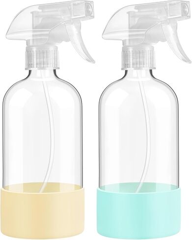 Glass Spray Bottles with Silicone Sleeve Protection, 16 oz 2 Pack, Reusable Spray Bottles with Adjustable Nozzle for Hair, Cleaning Solutions, Plants, Pale Yellow&Mint Green in Kuwait