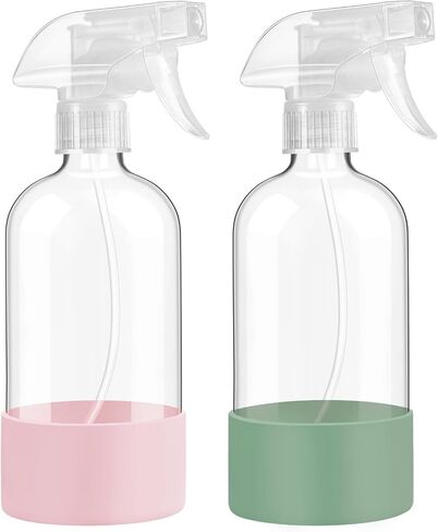 Glass Spray Bottles with Silicone Sleeve Protection, 16 oz 2 Pack, Reusable Spray Bottles with Adjustable Nozzle for Hair, Cleaning Solutions, Plants, Pale Yellow&Mint Green in Kuwait