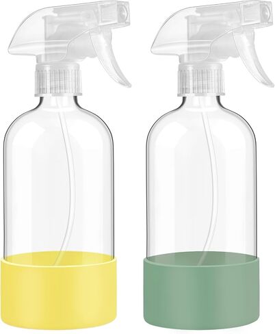 Glass Spray Bottles with Silicone Sleeve Protection, 16 oz 2 Pack, Reusable Spray Bottles with Adjustable Nozzle for Hair, Cleaning Solutions, Plants, Pale Yellow&Mint Green in Kuwait