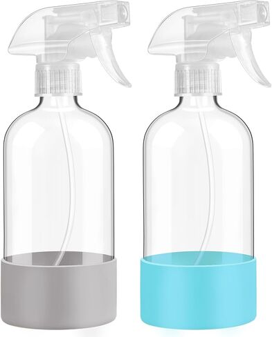 Glass Spray Bottles with Silicone Sleeve Protection, 16 oz 2 Pack, Reusable Spray Bottles with Adjustable Nozzle for Hair, Cleaning Solutions, Plants, Pale Yellow&Mint Green in Kuwait