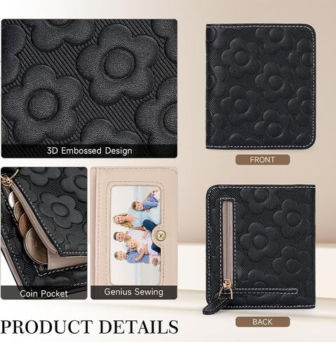 Womens Wallet,Slim Small Wallet Women RFID Bifold Compact Wallets for Women 3D Embossed Leather Wallet with ID Credit Card Holder Zipper Coin Pocket Black in Saudi Arabia