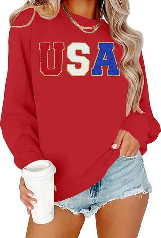 YI XIANG RAN USA Sweatshirt Women: American Shirt 1776 Patriotic TShirt Stars Stripes Glitter Pullover 4th of July Tee Tops in Saudi Arabia