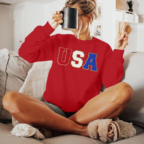 YI XIANG RAN USA Sweatshirt Women: American Shirt 1776 Patriotic TShirt Stars Stripes Glitter Pullover 4th of July Tee Tops in Saudi Arabia