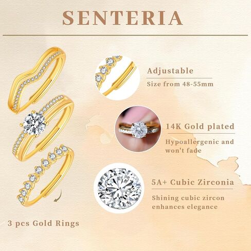 Senteria 3Pcs Gold Rings For Women Non Tarnish Stackable Rings For Women Adjustable 14K Gold Plated Rings set with Cubic Zirconia Thumb Ring Set for Statement Promise Wedding Engagement in Kuwait