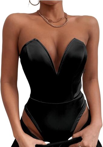 YOXUA Women's Strapless One Piece Triangle Corset Sweetheart Backless Sexy Solid Bodysuit in Saudi Arabia