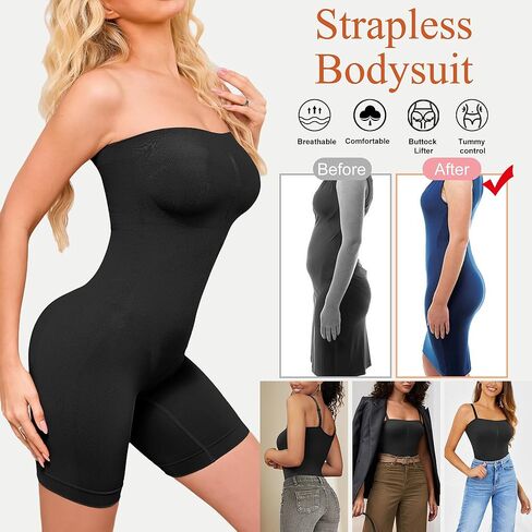 HOMETA Strapless Bodysuit Shapewear Tummy Control for Women Seamless Full Body Shaper Shaping Shorts with Removable Straps in Kuwait