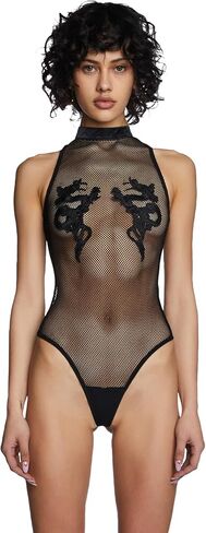 Dolls Kill Bad Luck Dragon Fishnet Bodysuit by Club Exx – High Neck Bodysuit with Embroidered Dragon Accents in Kuwait