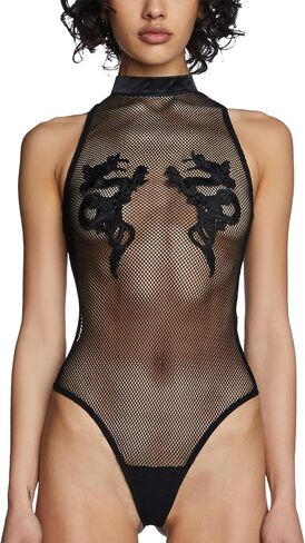 Dolls Kill Bad Luck Dragon Fishnet Bodysuit by Club Exx – High Neck Bodysuit with Embroidered Dragon Accents in Kuwait
