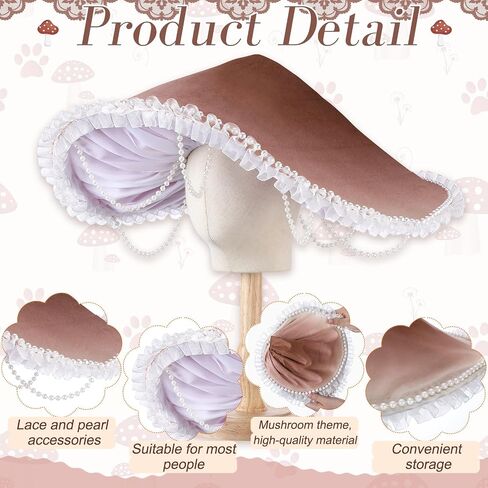Mushroom Hat Renaissance Medieval Costume Cosplay Victorian Fairy Accessories with Beads Lace Brim Cap for Party in Saudi Arabia